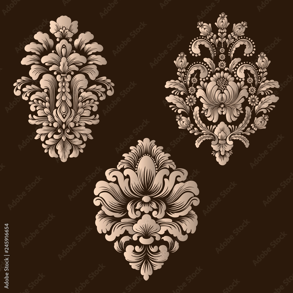 Vector set of damask ornamental elements. Elegant floral abstract elements for design. Perfect for invitations, cards etc. Vector set of damask ornamental elements. Elegant floral abstract elements for design. Perfect for invitations, cards etc.