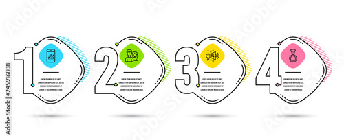 Infographic template 4 options or steps. Set of Teamwork, Smartphone statistics and Sale megaphone icons. Medal sign. Man with woman, Mobile business, Shopping. Winner. Vector