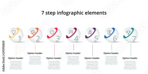 Business process chart infographics with 7 step circles. Circular corporate workflow graphic elements. Company flowchart presentation slide template. Vector info graphic design.