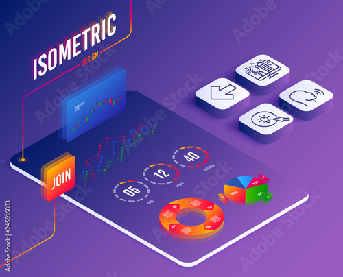 Isometric vector. Set of Human sing, Creative design and Left arrow icons. Energy sign. Talk, Designer, Direction arrow. Turn on the light.  Software or Financial markets. Analysis data concept