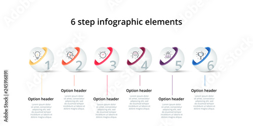Business process chart infographics with 6 step circles. Circular corporate workflow graphic elements. Company flowchart presentation slide template. Vector info graphic design.