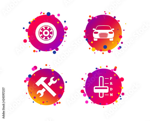 Transport icons. Car tachometer and automatic transmission symbols. Repair service tool with wheel sign. Gradient circle buttons with icons. Random dots design. Vector