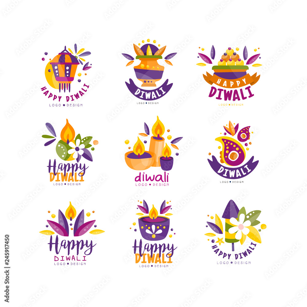 Diwali logo design set, Hindu festival of lights labels, poster, invitation, flyer, greeting card templates vector Illustration Diwali logo design set, Hindu festival of lights labels, poster, invitation, flyer, greeting card templates vector Illustration