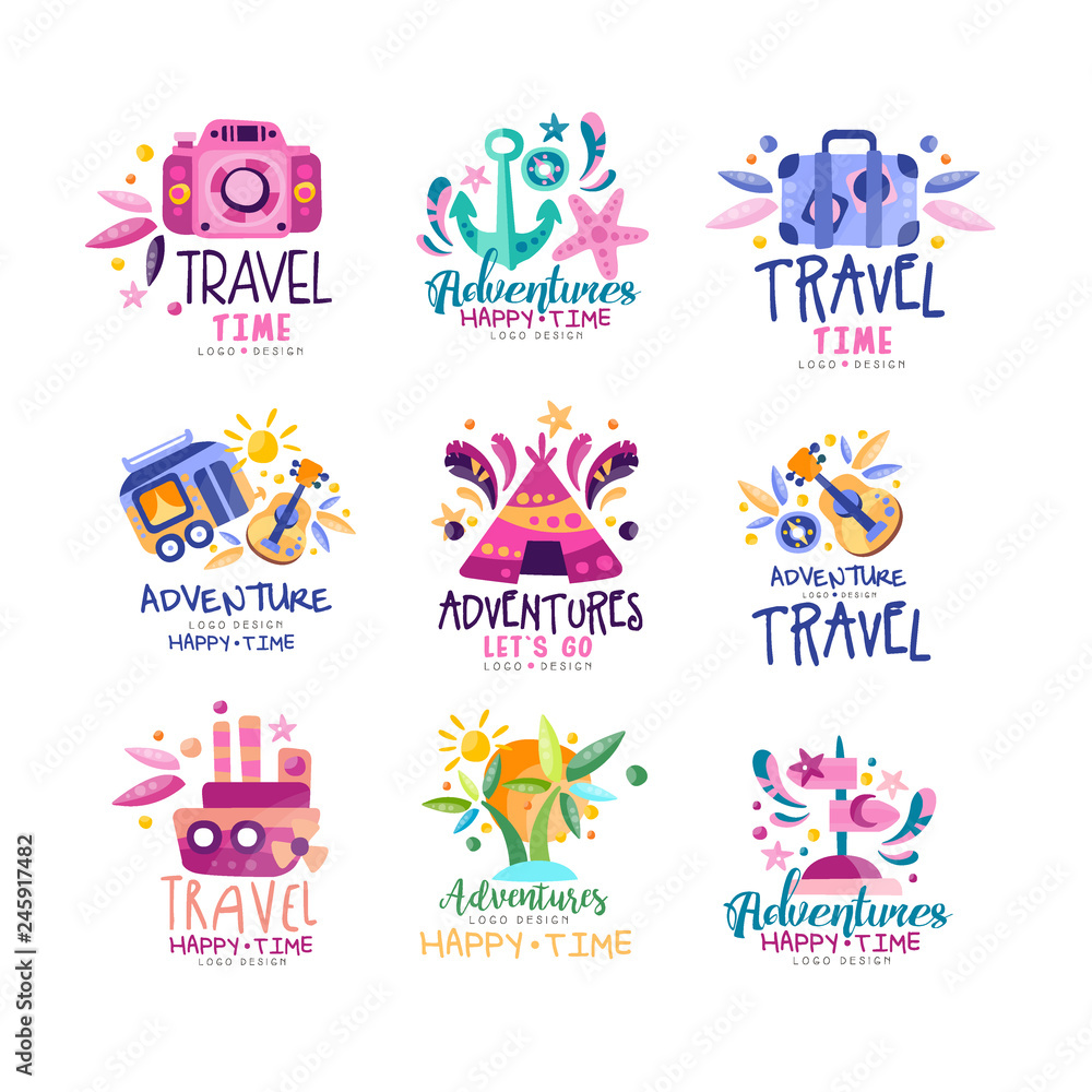 Adventure travel happy time logo design set, summer vacation, holidays, tourist agency creative labels, badges vector Illustration Adventure travel happy time logo design set, summer vacation, holidays, tourist agency creative labels, badges vector Illustration