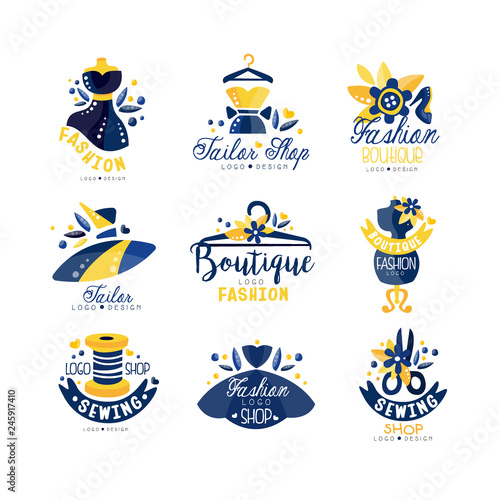 Tailor shop, fashion boutique logo design set, dress store, dressmakers salon, tailoring studio, designer emblem vector Illustration