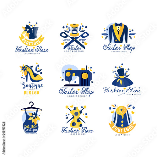 Tailor shop, fashion store logo design set, dress boutique, dressmakers salon, tailoring studio, designer emblem vector Illustration