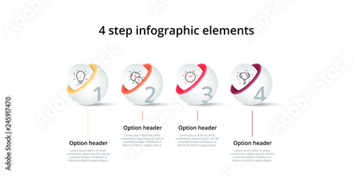 Business process chart infographics with 4 step circles. Circular corporate workflow graphic elements. Company flowchart presentation slide template. Vector info graphic design.