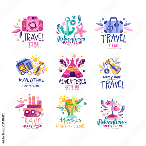 Adventure travel happy time logo design set, summer vacation, holidays, tourist agency creative labels, badges vector Illustration