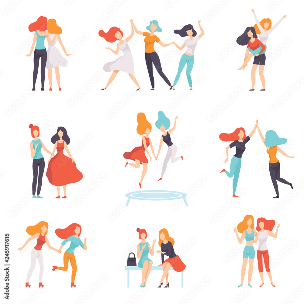 Happy Women Friends Having Good Time Together Set, Beautiful Women in Different Situations, Female Friendship Vector Illustration