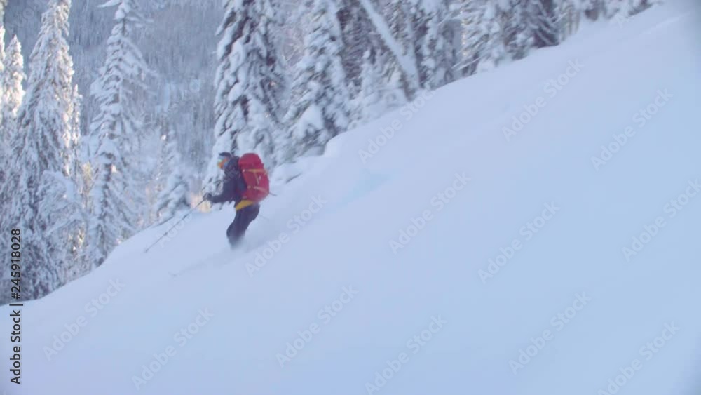 Dolly shot skitour in Siberia. A man riding down the hill in a snowy forest, side view. Dolly shot skitour in Siberia. A man riding down the hill in a snowy forest, side view.