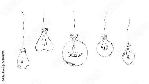 Drawn balloons in the form of light bulbs in a minimalist style in the form of wires for the interior, ideas, icons. Sketch.
