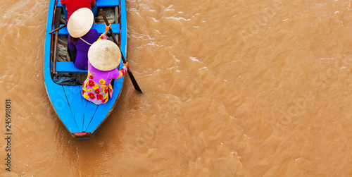 Slika na platnu Vietnamese old woman on traditional boat in Mekong river delta