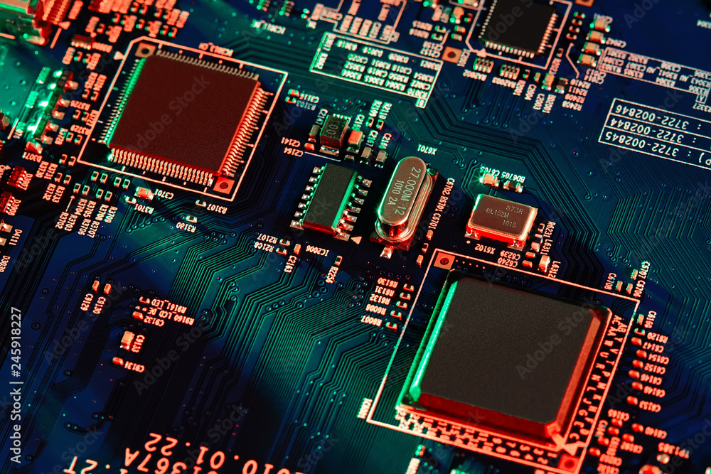 Electronic circuit board close up.