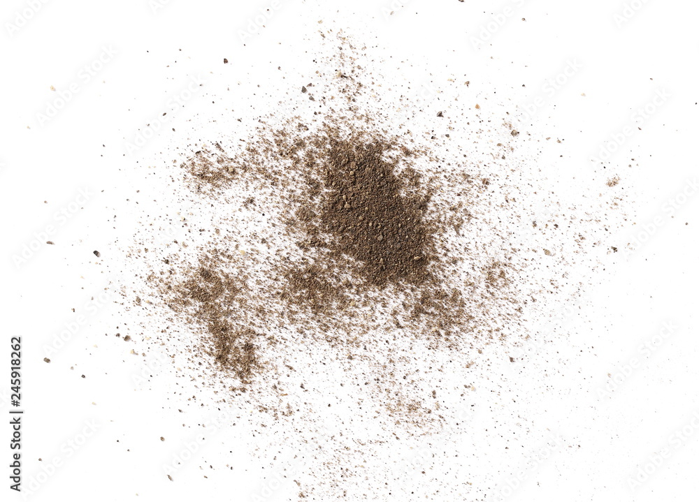 Ground black pepper powder isolated on white background, top view Ground black pepper powder isolated on white background, top view