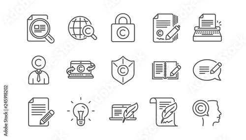 Copywriting line icons. Copyright, Typewriter and Feedback. Legal content linear icon set.  Vector