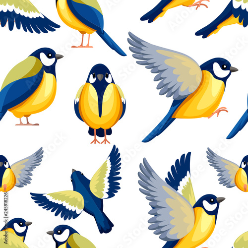 Seamless pattern. Colorful Icon set of Titmouse bird . Flat cartoon character design. Bird icon in different side of view. Cute titmouse template. Vector illustration on white background