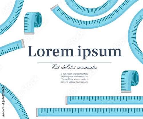 Blue sewing measure tape. Concept for sewing. Flat vector illustration on white background. Place for logo and text. Greeting card template