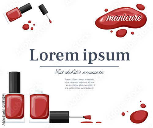Round red glossy nail polish bottle with black cap. Flat vector illustration on white background. Opened bottle and drop of nail polish. Place for logo and text. Greeting card template