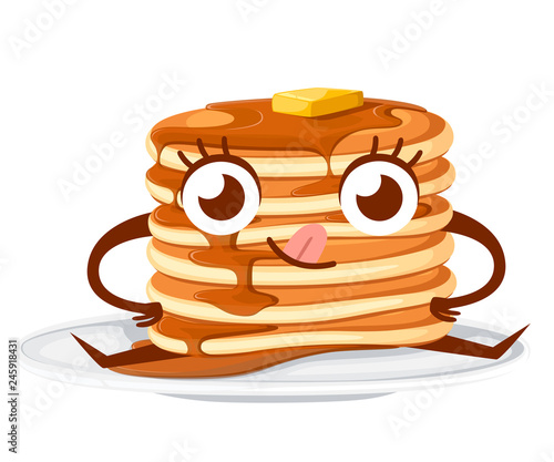 Cartoon character design. Stack of pancakes with maple syrup and piece of butter. Flat vector illustration isolated on white background. Pancakes on white plate, mascot