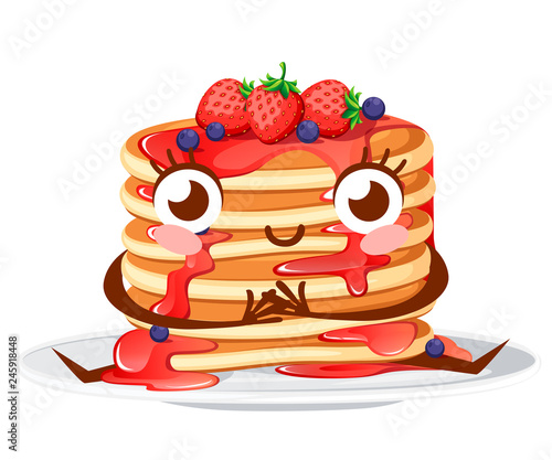 Cartoon character design. Stack of pancakes with strawberry syrup and strawberries with currants. Flat vector illustration isolated on white background. Pancakes on white plate, mascot