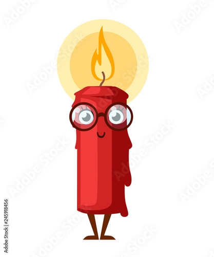 Burning red candle, cartoon character design. Mascot with eyeglasses. Flat vector illustration isolated on white background