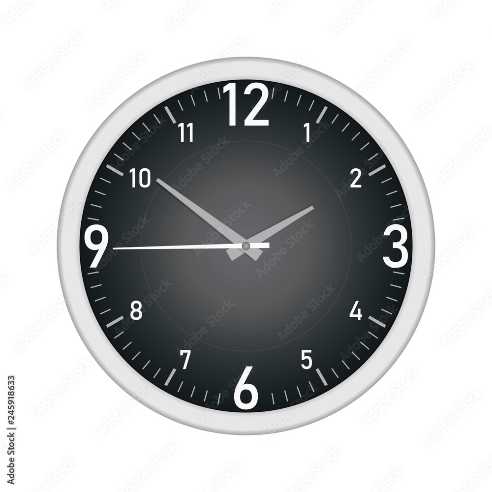 Black dial wall clock isolated on white background, vector mock-up Black dial wall clock isolated on white background, vector mock-up