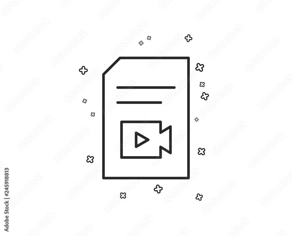 Document with Video content line icon. Vlog File with Camera sign. Paper page concept symbol. Geometric shapes. Random cross elements. Linear Video file icon design. Vector Document with Video content line icon. Vlog File with Camera sign. Paper page concept symbol. Geometric shapes. Random cross elements. Linear Video file icon design. Vector