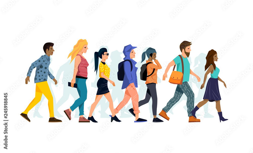 A group of various different character people walking together. Vector illustration.