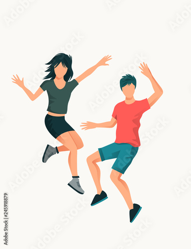 A young happy couple jumping high up. People vector illustration.