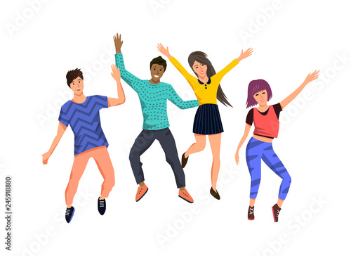 A group of happy active young people jumping for joy. Isolated Vector character illustration.