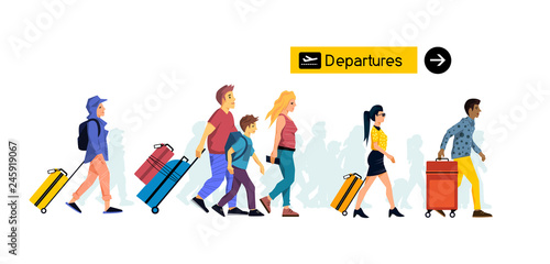 groups of people friends and family members travelling through an airport terminal with suitcases and hand luggage for leisure and business. Vector illustration