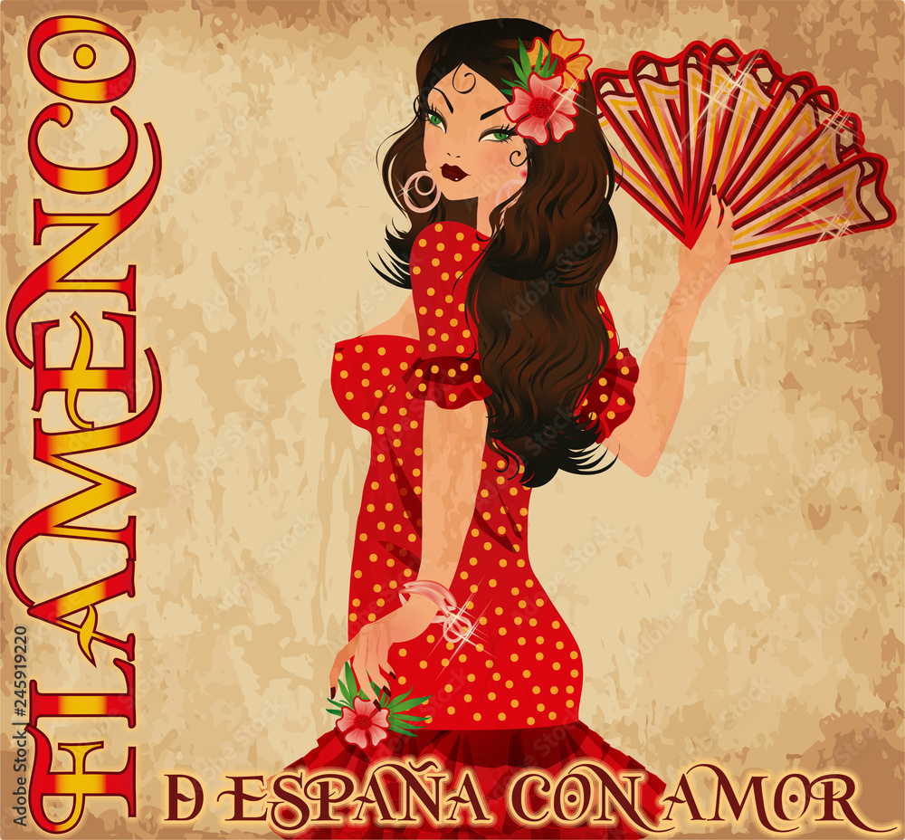 Flamenco Spain love wallpaper with spanish girl and fan, vector  illustration Stock Vector | Adobe Stock