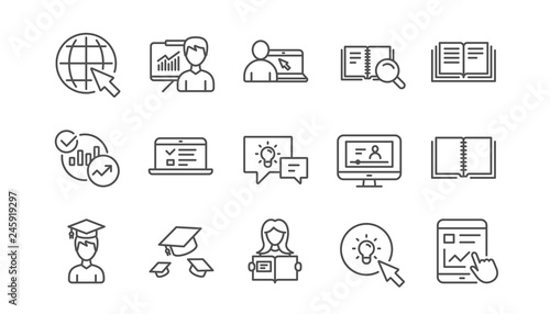 Education line icons. Book, Video tutorial and Instructions. Presentation linear icon set. Vector