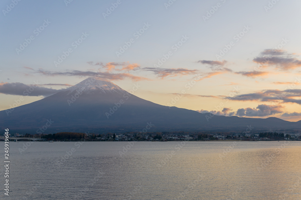 Perfect sunset of Mount Fuji on lake