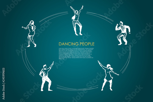 Dancing people - men and women in different dancing poses vector concept set