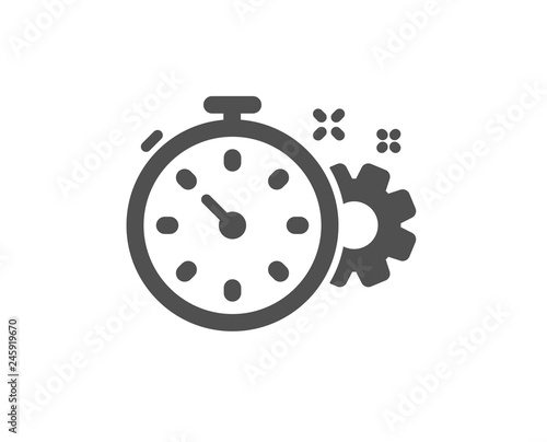 Cogwheel with timer icon. Engineering tool sign. Cog gear symbol. Quality design element. Classic style icon. Vector