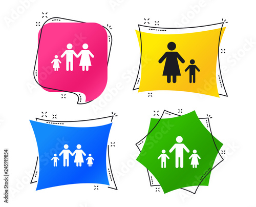 Family with two children icon. Parents and kids symbols. One-parent family signs. Mother and father divorce. Geometric colorful tags. Banners with flat icons. Trendy design. Vector