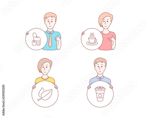 People hand drawn style. Set of Tea bag, Mint leaves and Tea cup icons. Takeaway coffee sign. Brew hot drink, Mentha herbal, Coffee mug. Hot latte drink.  Character hold circle button. Vector