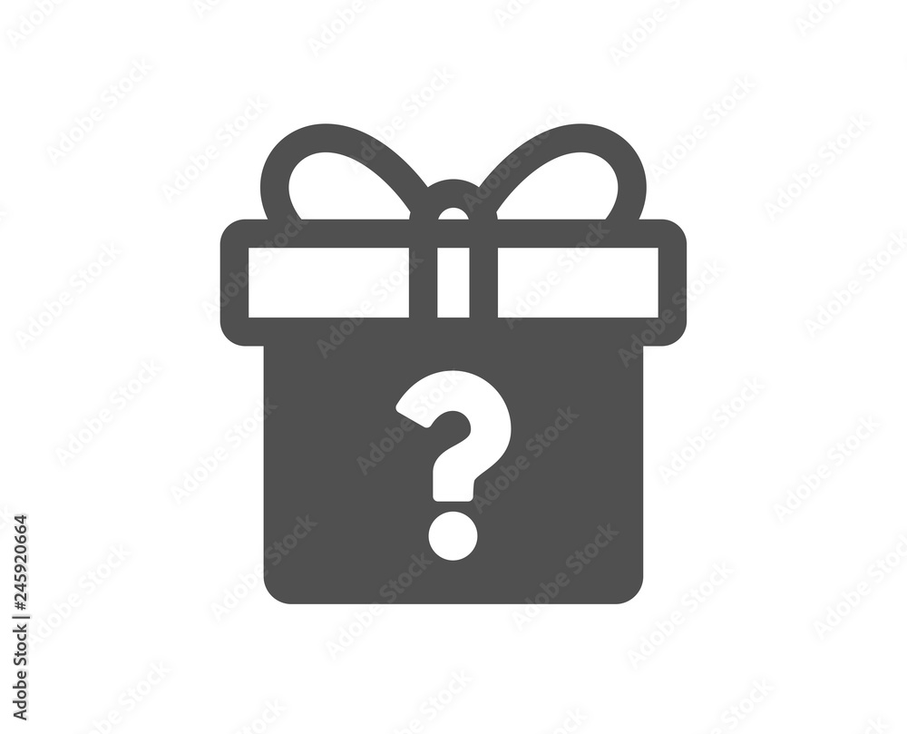 Gift box with Question mark icon. Present or Sale sign. Birthday Shopping symbol. Package in Gift Wrap. Quality design element. Classic style icon. Vector Gift box with Question mark icon. Present or Sale sign. Birthday Shopping symbol. Package in Gift Wrap. Quality design element. Classic style icon. Vector