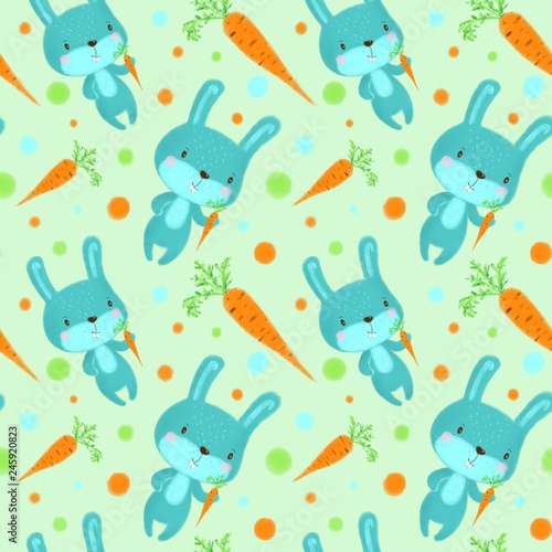 Seamless pattern with rabbits on light green background