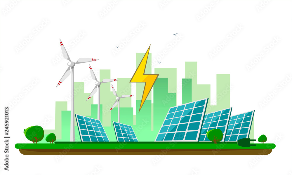 Vector illustration of clean electric energy from renewable sources sun ...