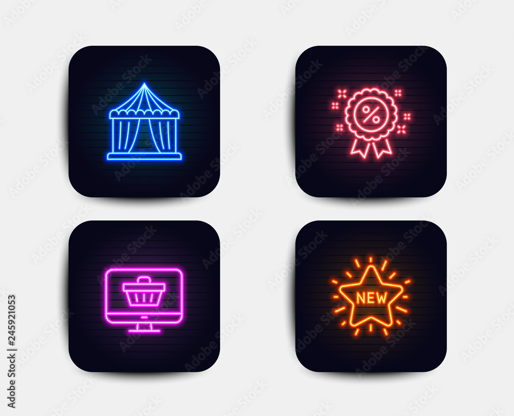 Neon glow lights. Set of Web shop, Circus tent and Discount icons. New star sign. Shopping cart, Attraction park, Sale shopping. Neon icons. Glowing light Vector Stock Vector Adobe Stock