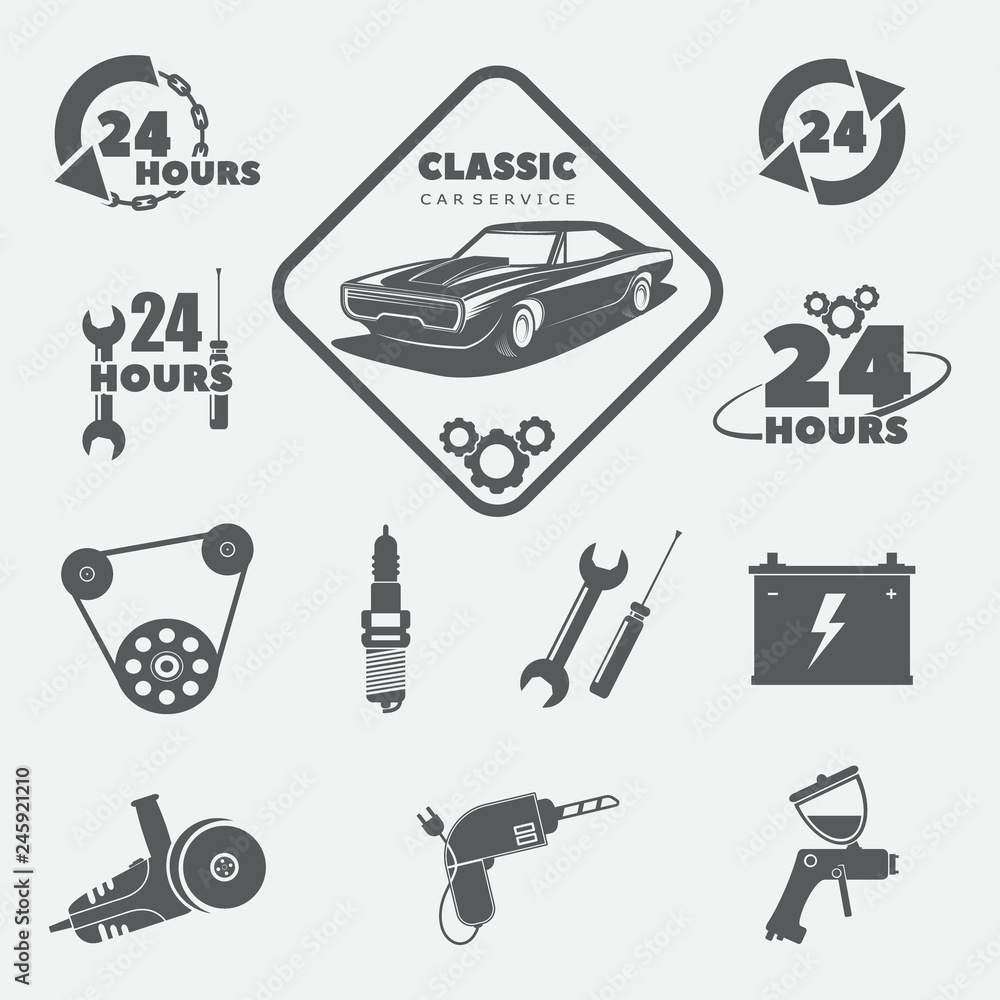 Fototapeta premium workshop logo, classic car with details, raster copy