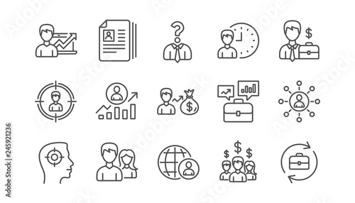 Human resources icons. Head Hunting, Job center and User. Interview linear icon set.  Vector