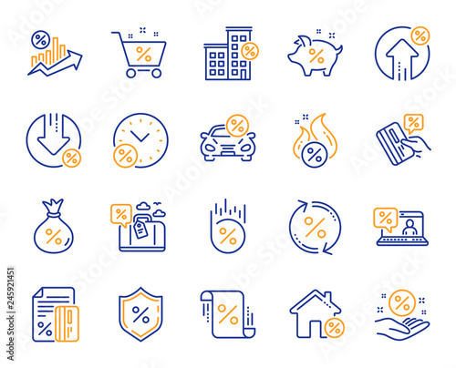 Loan line icons. Set of Investment, Interest rate and Percentage diagram linear icons. Car leasing, analytics plan, Credit card percent and loan rate. Bank mortgage, leasing, interest graph. Vector