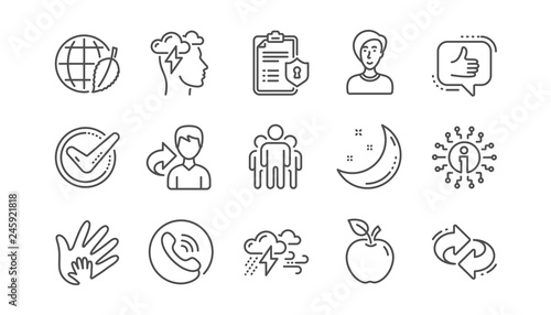 Check mark, Sharing economy and Mindfulness stress line icons. Privacy Policy, Social Responsibility. Linear icon set.  Vector