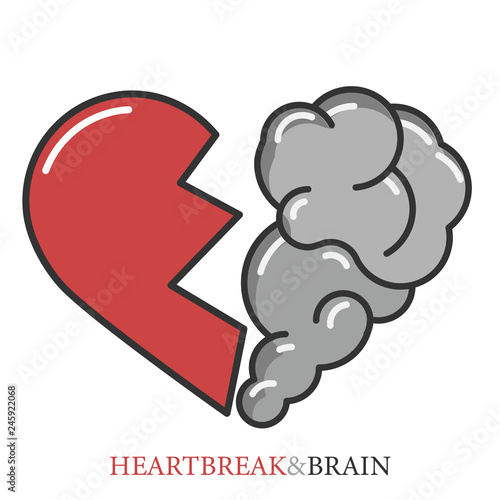 Heartbreak vector. Broken Heart and Brain flat modern icon logo vector design. Interaction between soul and intelligence, emotions, loneliness, divorce, broken relationship, rational thinking