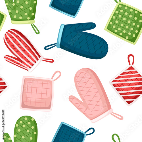 Seamless pattern. Potholder and oven mitt in different color and texture. Protective fabric tissue cloth with square, line and dot pattern. Flat vector illustration on white background