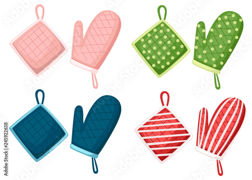 Potholder and oven mitt in different color and texture. Protective fabric tissue cloth with square, line and dot pattern. Flat vector illustration isolated on white background photo