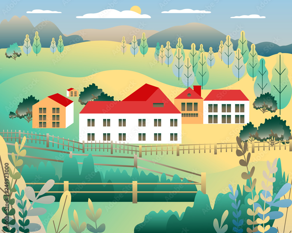 Rural valley view Farm countryside. Village landscape with ranch in flat style design. Landscape with detached house farm one family house, barn, building, tree, background cartoon vector illustration